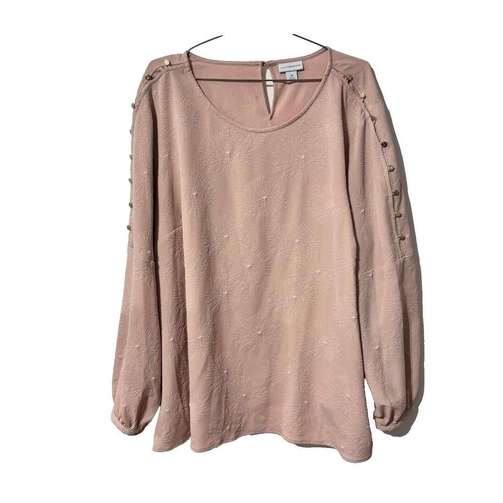 Liz Claiborne Rose Quartz Pink Textured Floral Button‎ Shoulder Blouse 3X NWT